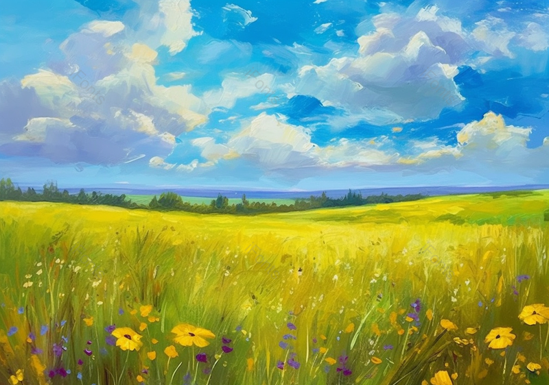 夏日晴朗蓝天白云平原黄色花丛田园风格油画插画素材,插画/手绘图,插画/手绘图库,插画/手绘图下载,插画/手绘